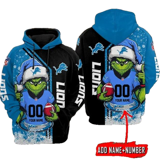 Detroit Lions The Grinch Personalized Christmas NFL 3D All Over Print Hoodie -Moonbestprint