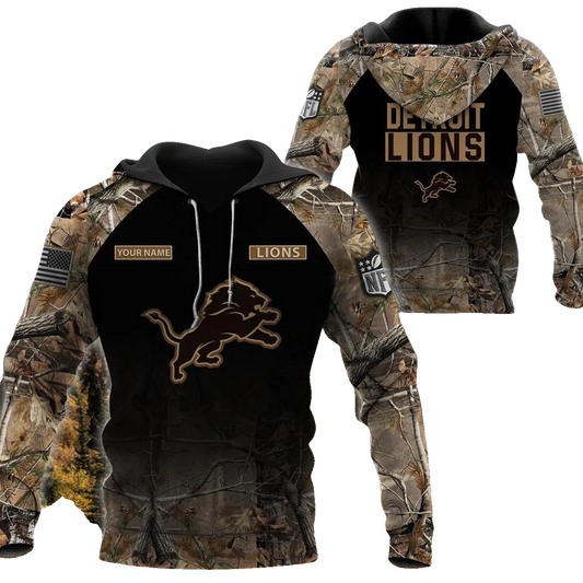 Detroit Lions Personalized Hunting Camo NFL 3D All Over Print Hoodie -Moonbestprint