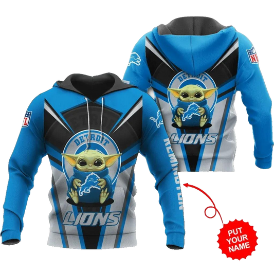 Detroit Lions Personalized Baby YodaNFL 3D All Over Print Hoodie -Moonbestprint
