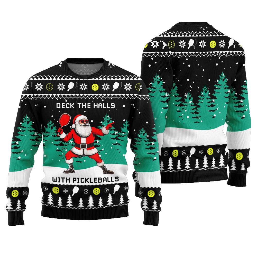 Deck The Hall Pickleball Santa Ugly Christmas Sweater Black – Moonbestprint