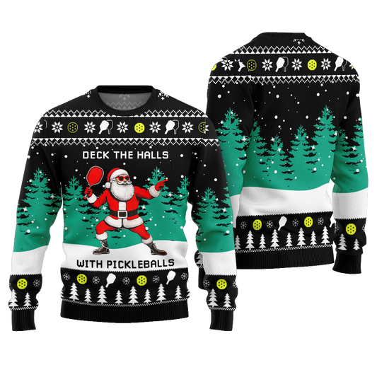 Deck The Hall Pickleball Santa Ugly Christmas Sweater Black – Moonbestprint