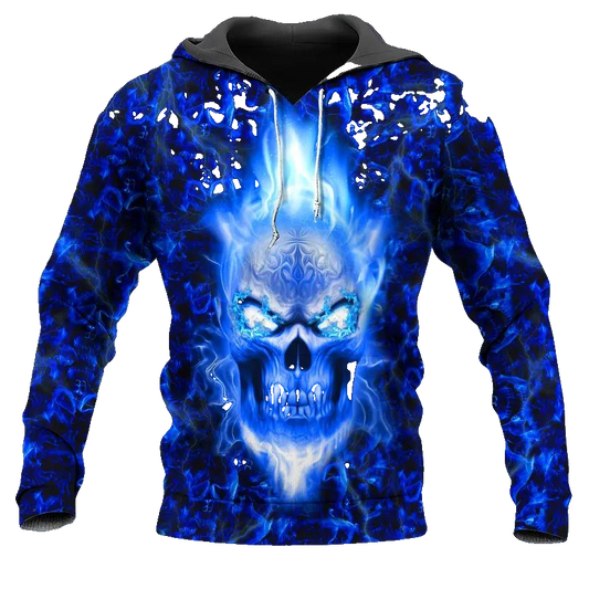 Dark Blue Flame Skull 3D All Over Print Hoodie -Moonbestprint