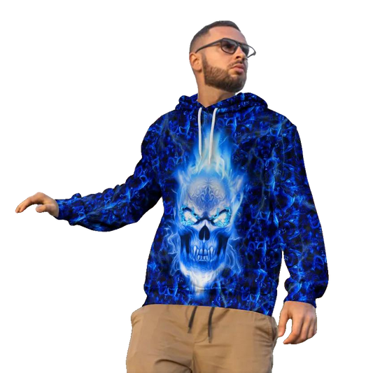 Dark Blue Flame Skull 3D All Over Print Hoodie -Moonbestprint