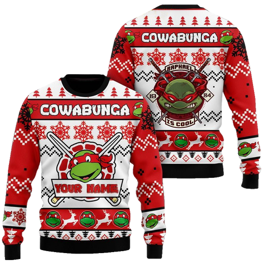 Custom Name Teenage Mutant Ninja Turtles Raphael Ugly Christmas Sweater 2025 Red – Moonbestprint