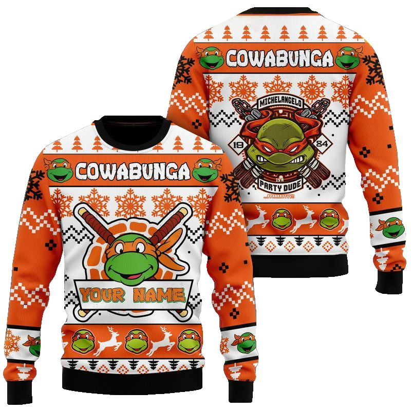 Custom Name Teenage Mutant Ninja Turtles Michelangelo Party Dude Ugly Christmas Sweater 2025 Orange – Moonbestprint