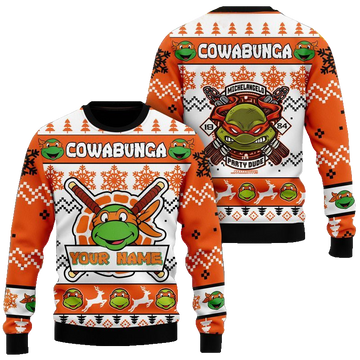 Custom Name Teenage Mutant Ninja Turtles Michelangelo Party Dude Ugly Christmas Sweater 2025 Orange – Moonbestprint
