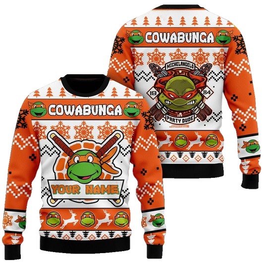 Custom Name Teenage Mutant Ninja Turtles Michelangelo Party Dude Ugly Christmas Sweater 2025 Orange – Moonbestprint