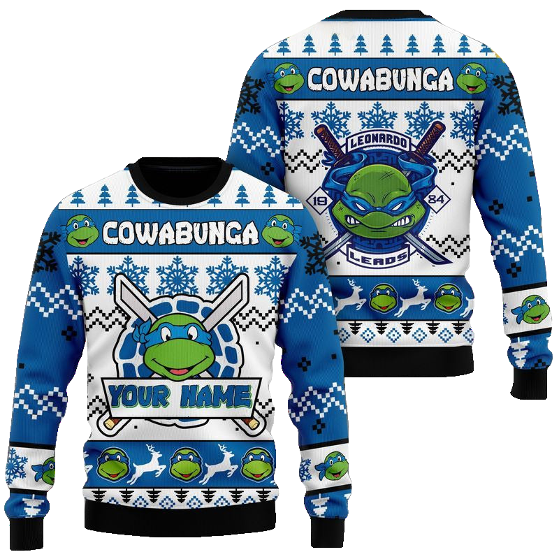 Custom Name Teenage Mutant Ninja Turtles Leonardo Leads Ugly Christmas Sweater 2025 Blue – Moonbestprint