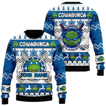 Custom Name Teenage Mutant Ninja Turtles Leonardo Leads Ugly Christmas Sweater 2025 Blue – Moonbestprint