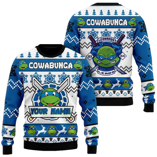 Custom Name Teenage Mutant Ninja Turtles Leonardo Leads Ugly Christmas Sweater 2025 Blue – Moonbestprint