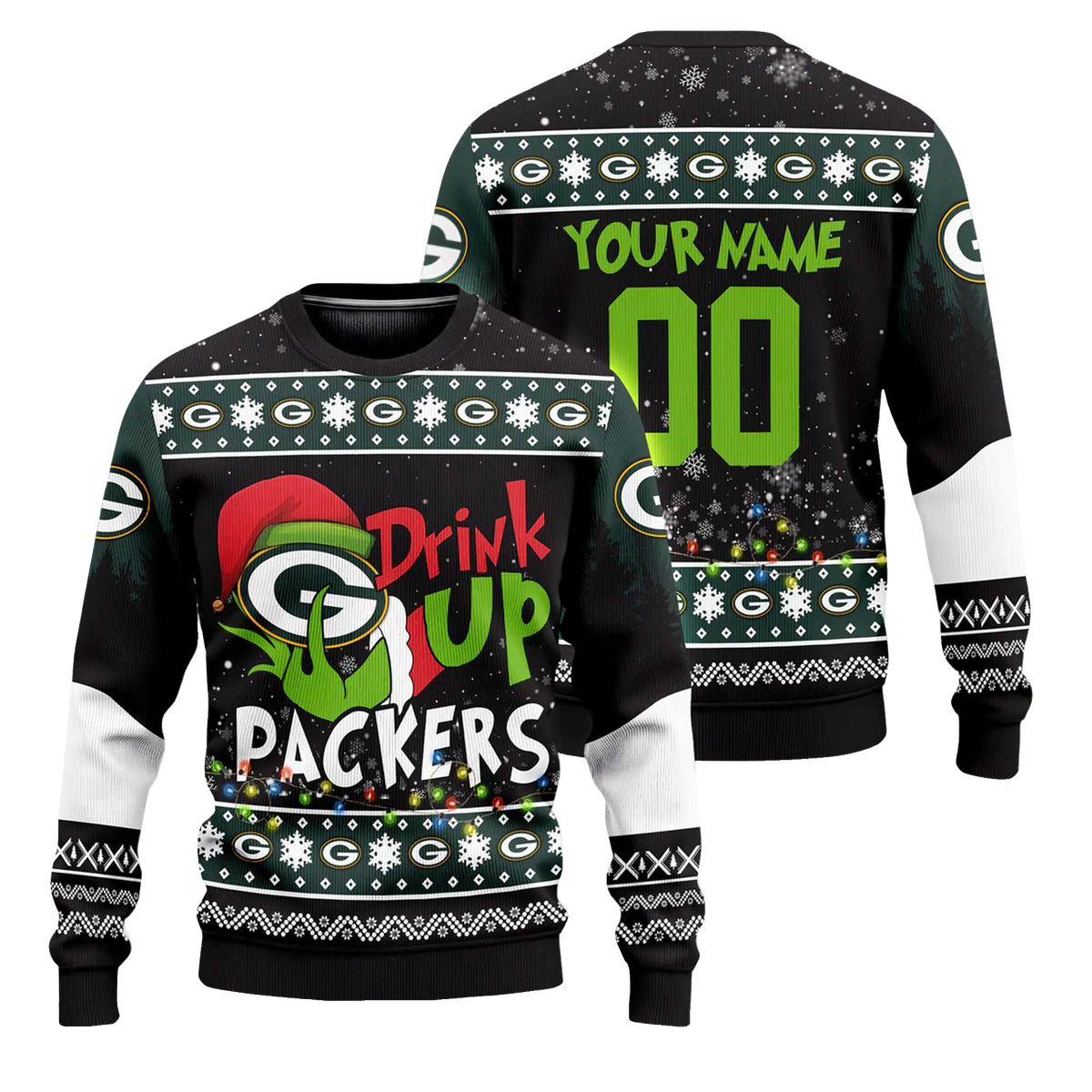 Custom Name and Number 2025 Packers Drink Up Grnch Christmas Ugly Sweater – Moonbestprint