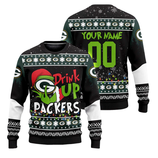 Custom Name and Number 2025 Packers Drink Up Grnch Christmas Ugly Sweater – Moonbestprint