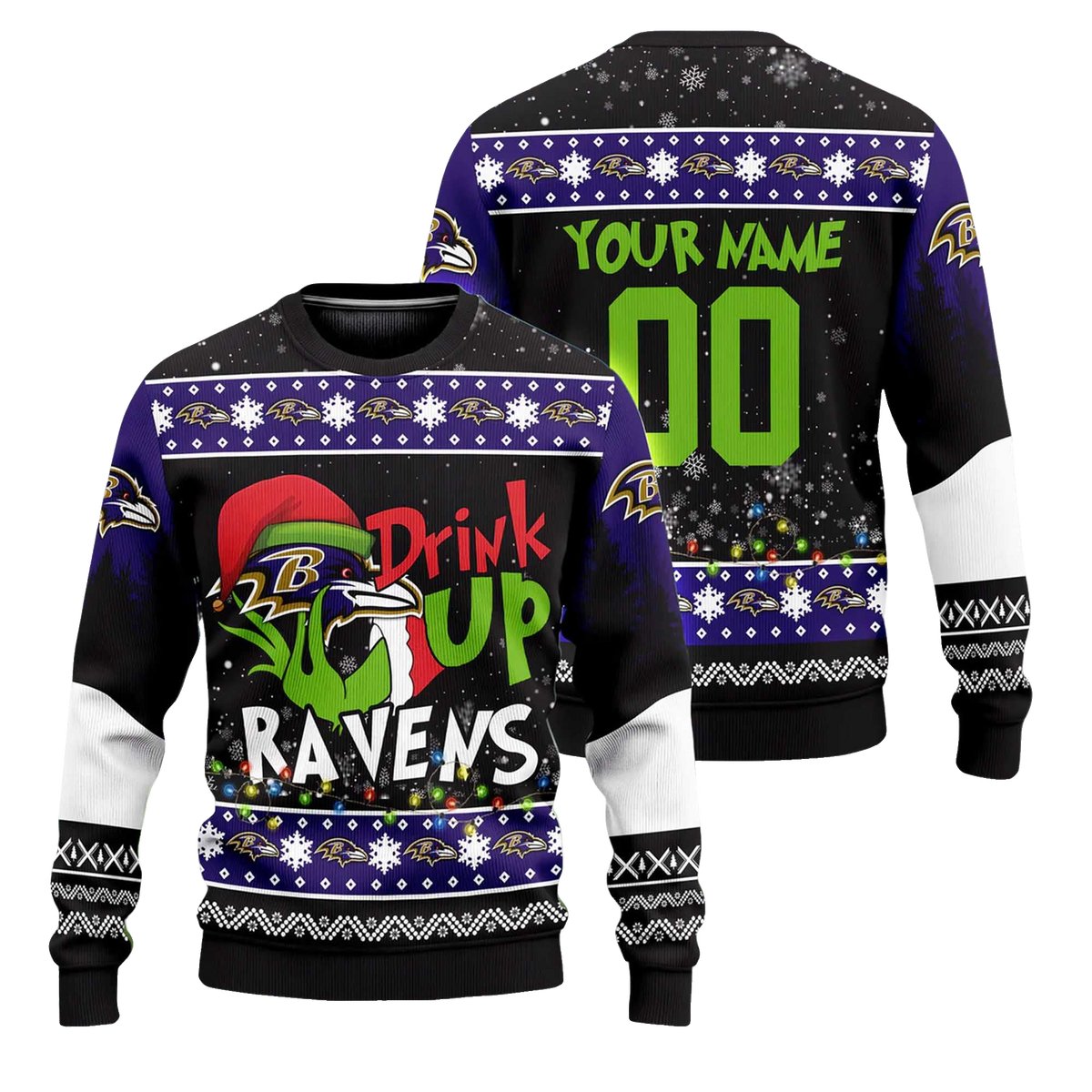 Custom Name and Number 2025 Ravens Drink Up Grnch Christmas Ugly Sweater – Moonbestprint