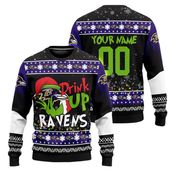 Custom Name and Number 2025 Ravens Drink Up Grnch Christmas Ugly Sweater – Moonbestprint