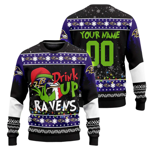 Custom Name and Number 2025 Ravens Drink Up Grnch Christmas Ugly Sweater – Moonbestprint