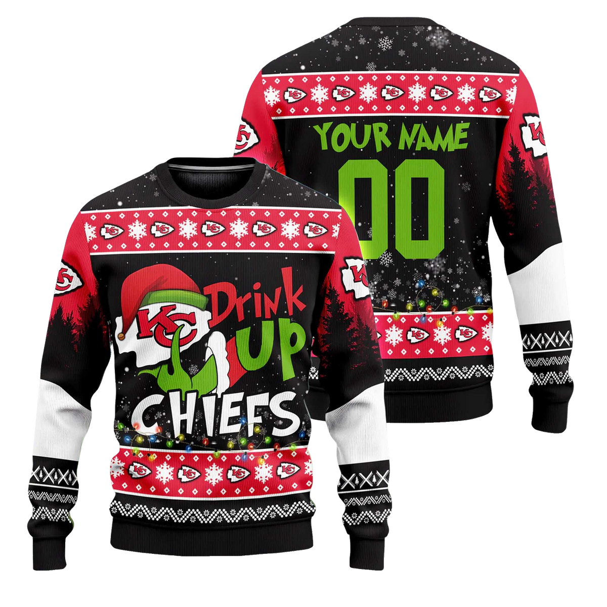 Custom Name and Number 2025 Chiefs Drink Up Grnch Christmas Ugly Sweater – Moonbestprint