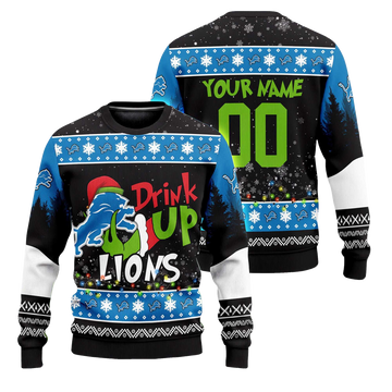 Custom Name and Number 2025 Lions Drink Up Grnch Christmas Ugly Sweater – Moonbestprint