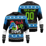 Custom Name and Number 2025 Lions Drink Up Grnch Christmas Ugly Sweater – Moonbestprint