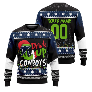 Custom Name and Number 2025 Cowboys Drink Up Grnch Christmas Ugly Sweater – Moonbestprint