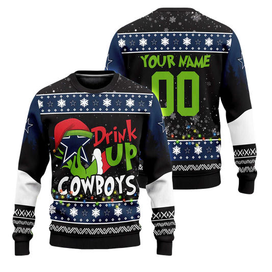 Custom Name and Number 2025 Cowboys Drink Up Grnch Christmas Ugly Sweater – Moonbestprint