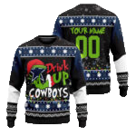 Custom Name and Number 2025 Cowboys Drink Up Grnch Christmas Ugly Sweater – Moonbestprint