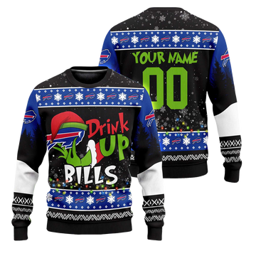 Custom Name and Number 2025 Bills Drink Up Grnch Christmas Ugly Sweater – Moonbestprint