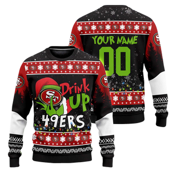 Custom Name and Number 2025 49ers Drink Up Grnch Christmas Ugly Sweater – Moonbestprint