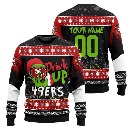 Custom Name and Number 2025 49ers Drink Up Grnch Christmas Ugly Sweater – Moonbestprint