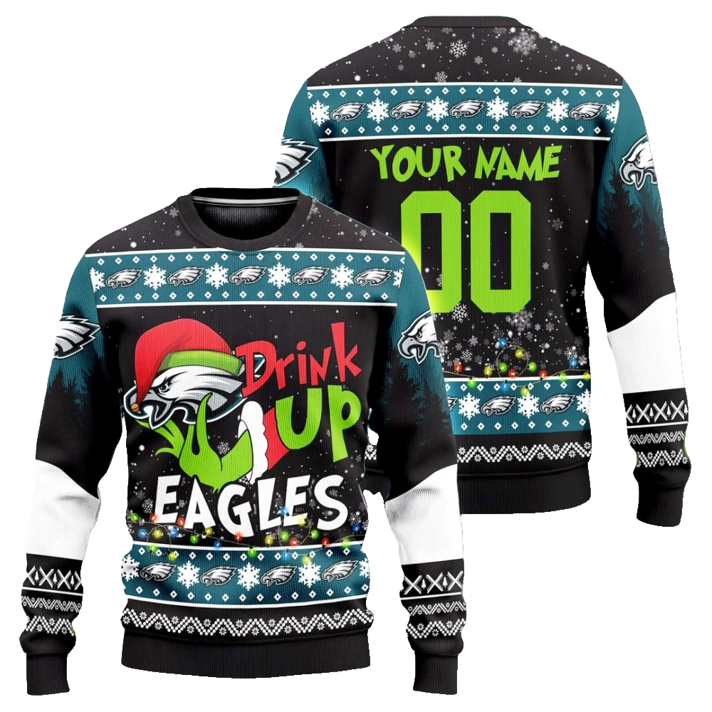 Custom Name & Number Philadelphia Eagles Drink Up Grinch Ugly Christmas Sweater 2025 – Moonbestprint