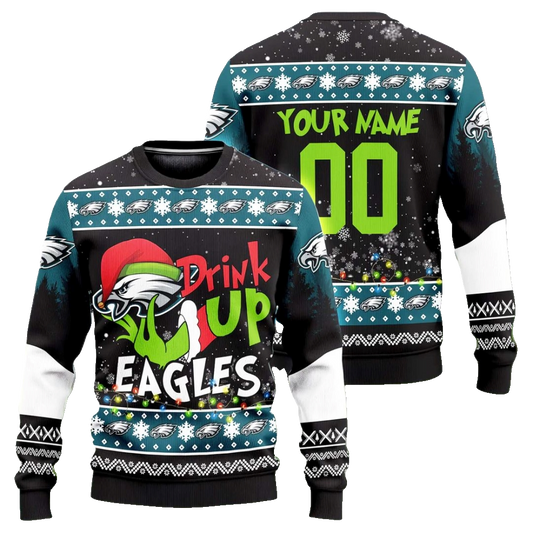Custom Name & Number Philadelphia Eagles Drink Up Grinch Ugly Christmas Sweater 2025 – Moonbestprint