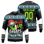 Custom Name & Number Philadelphia Eagles Drink Up Grinch Ugly Christmas Sweater 2025 – Moonbestprint