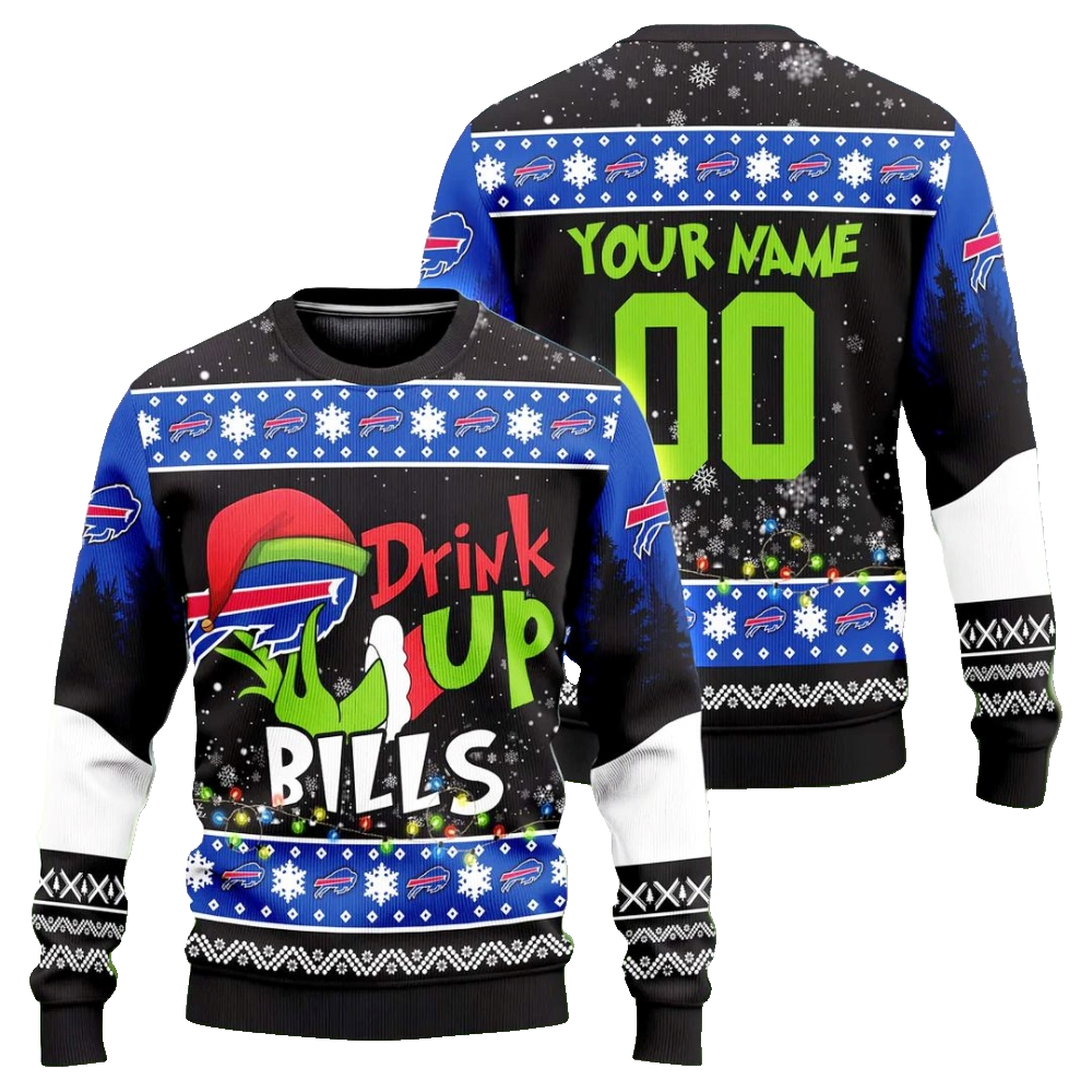 Custom Name & Number Grinch Drink Up Buffalo Bills Ugly Christmas Sweater 2025 – Moonbestprint