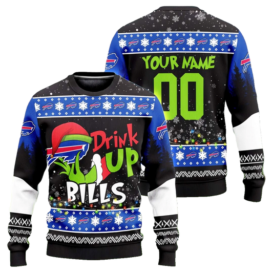 Custom Name & Number Grinch Drink Up Buffalo Bills Ugly Christmas Sweater 2025 – Moonbestprint