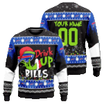 Custom Name & Number Grinch Drink Up Buffalo Bills Ugly Christmas Sweater 2025 – Moonbestprint