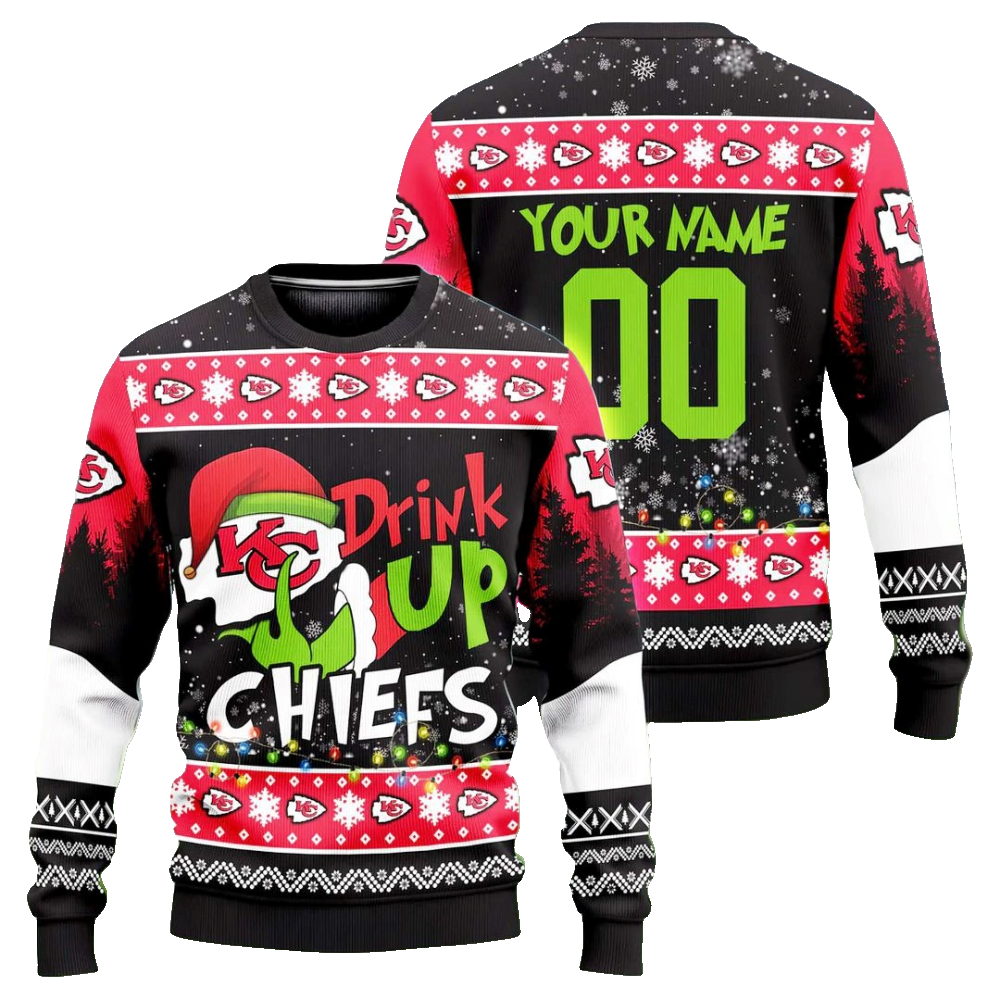 Custom Name & Number Grinch Drink Up Kansas City Chiefs Ugly Christmas Sweater 2025 – Moonbestprint