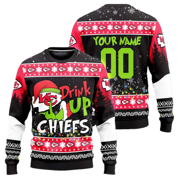 Custom Name & Number Grinch Drink Up Kansas City Chiefs Ugly Christmas Sweater 2025 – Moonbestprint
