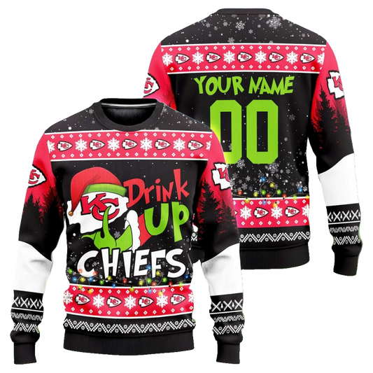 Custom Name & Number Grinch Drink Up Kansas City Chiefs Ugly Christmas Sweater 2025 – Moonbestprint