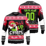 Custom Name & Number Grinch Drink Up Kansas City Chiefs Ugly Christmas Sweater 2025 – Moonbestprint