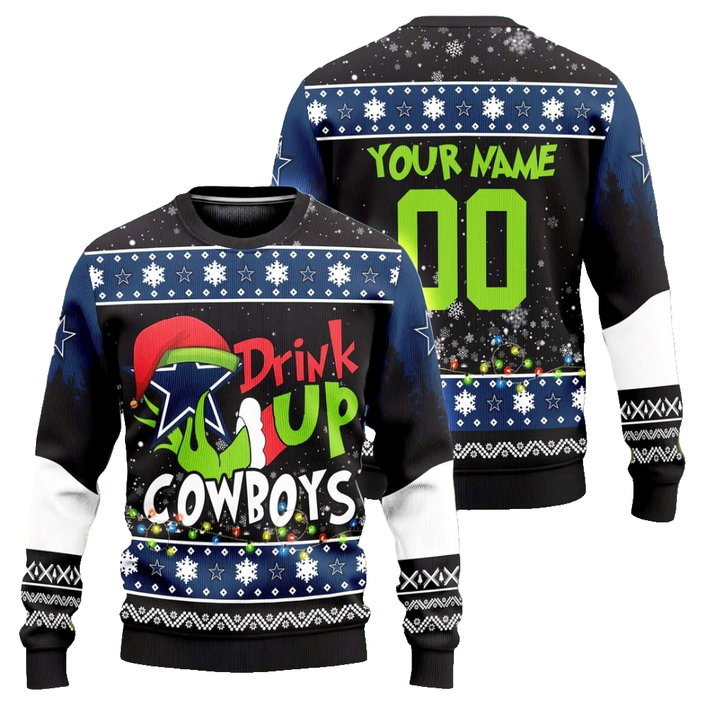 Custom Name & Number Dallas Cowboys Drink Up Grinch Ugly Christmas Sweater 2025 – Moonbestprint