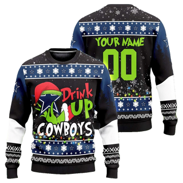 Custom Name & Number Dallas Cowboys Drink Up Grinch Ugly Christmas Sweater 2025 – Moonbestprint