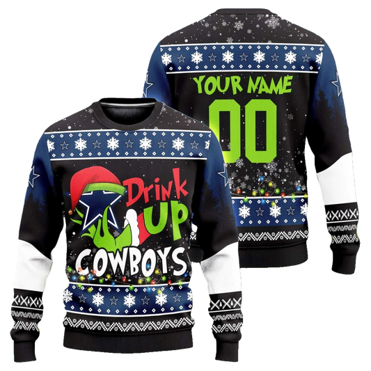 Custom Name & Number Dallas Cowboys Drink Up Grinch Ugly Christmas Sweater 2025 – Moonbestprint