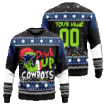 Custom Name & Number Dallas Cowboys Drink Up Grinch Ugly Christmas Sweater 2025 – Moonbestprint