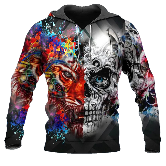 Colorful Tiger Skull 3D All Over Print Hoodie -Moonbestprint