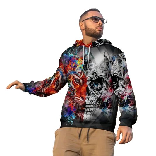 Colorful Tiger Skull 3D All Over Print Hoodie -Moonbestprint