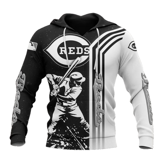 Cincinnati Reds Black And White MLB All Over Print Hoodie -Moonbestprint