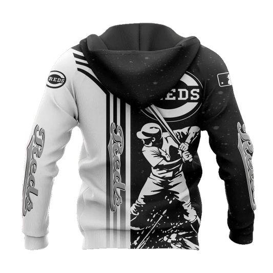 Cincinnati Reds Black And White MLB All Over Print Hoodie -Moonbestprint