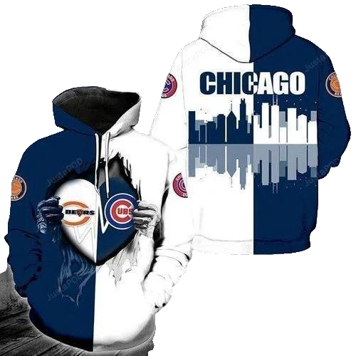 Chicago Bears And Chicago Cubs Heartbeat Love Ripped MLB All Over Print Hoodie -Moonbestprint