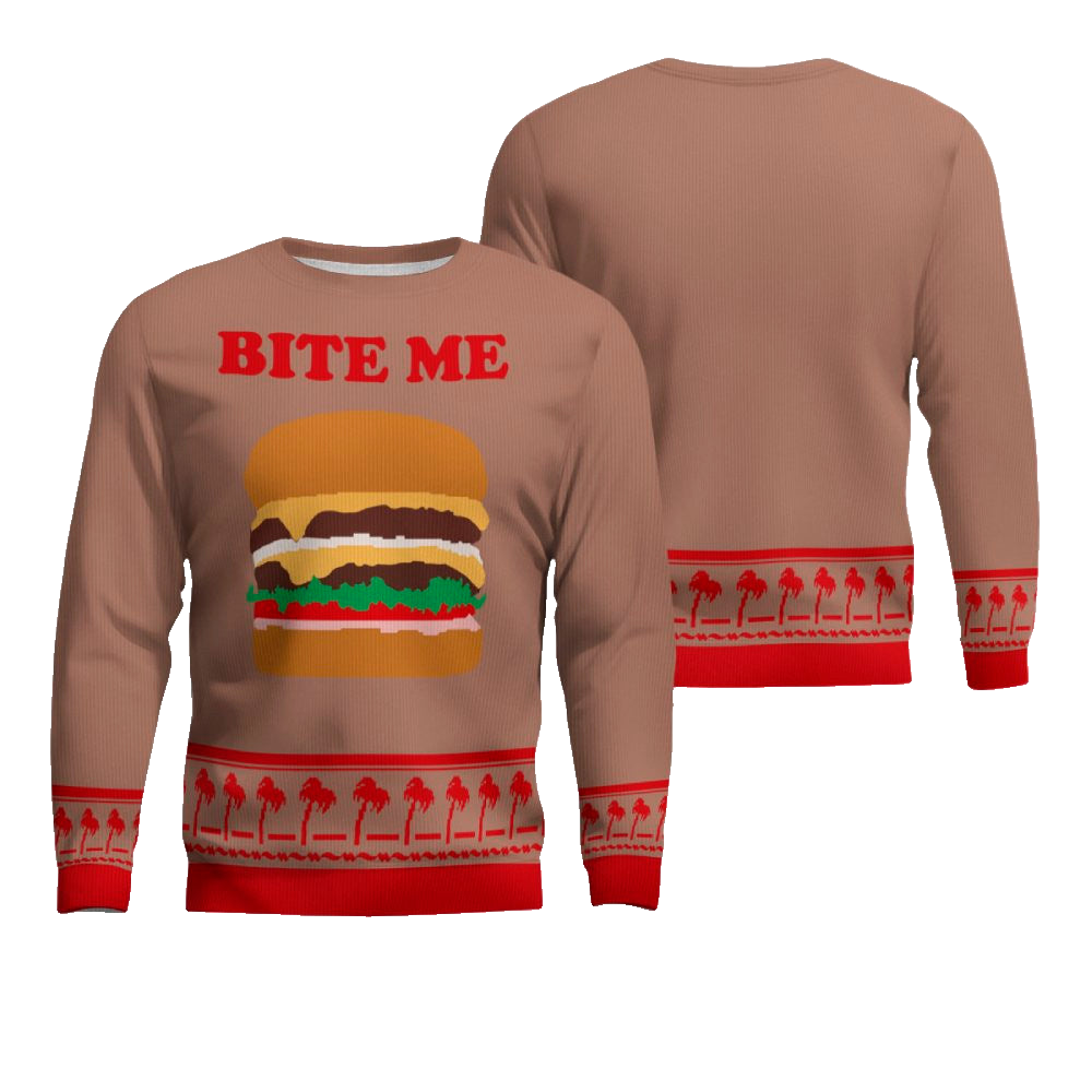 Burger Bite Me Sticker 1970 Ugly Christmas Sweater Mocha Mousse – Moonbestprint