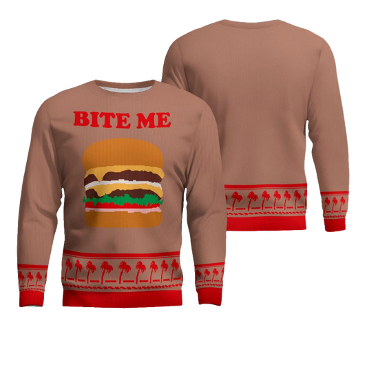 Burger Bite Me Sticker 1970 Ugly Christmas Sweater Mocha Mousse – Moonbestprint