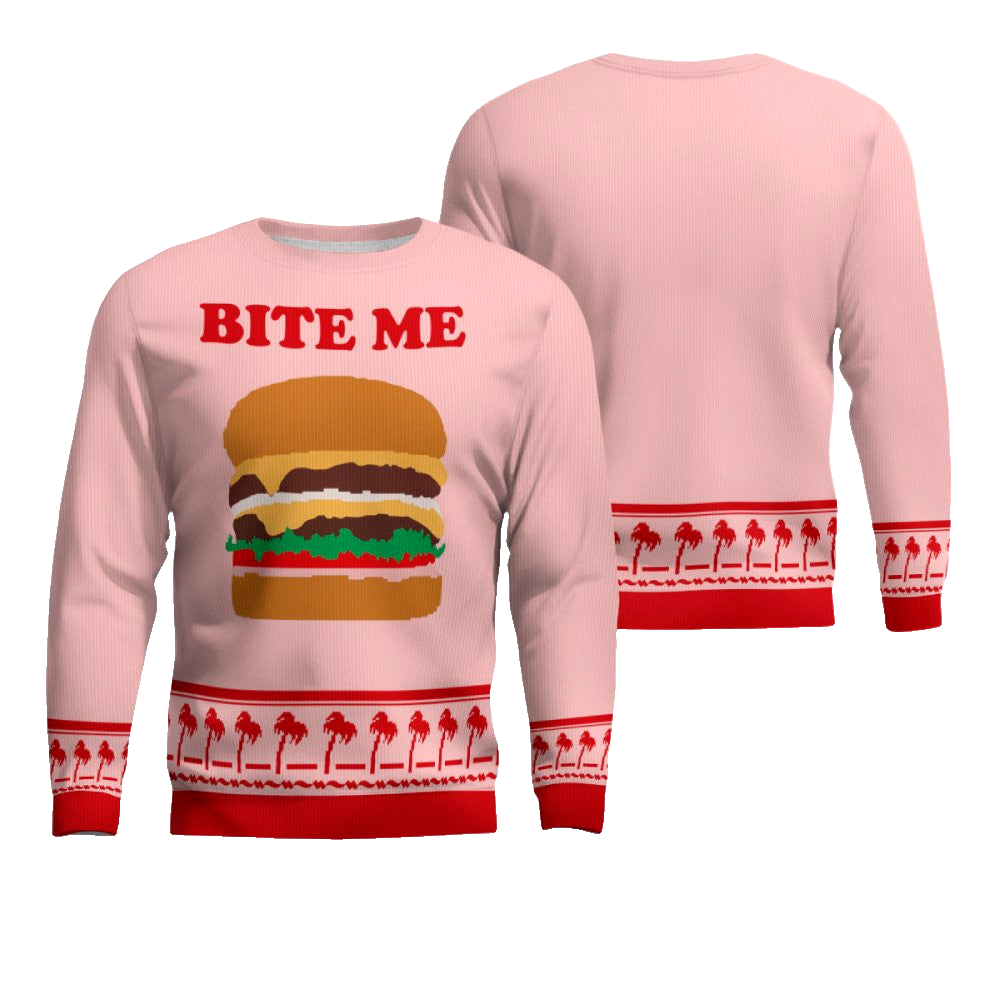 Burger Bite Me Sticker 1970 Ugly Christmas Sweater Powder Pink – Moonbestprint